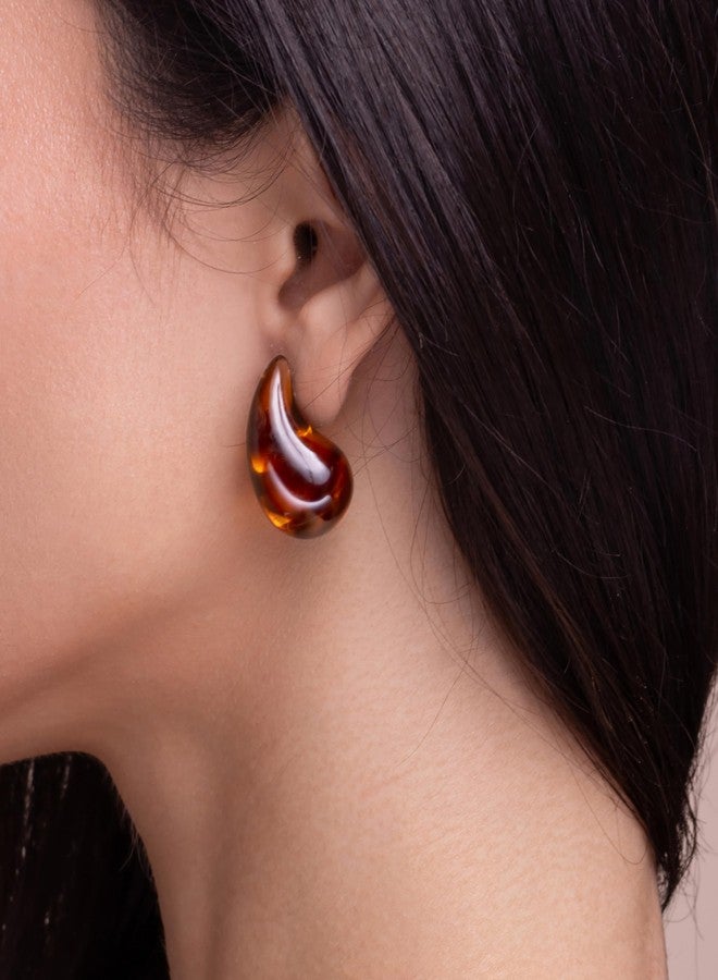 SNGIA Brown Teardrop Water Drop Oval Chunky Colored Resin Tigers Eye Gemstone Statement Earrings for Women by SNGIA, Bold Drop Handmade Exaggerated Irregular Trendy Bohemian Stud Jewelry Gifts, Unique Dangling Baroque Stone Summer Beach Fashion Accessories, Round Vintage Thick Circular Nickle Free Huggies Hoop Earring. - Image 5